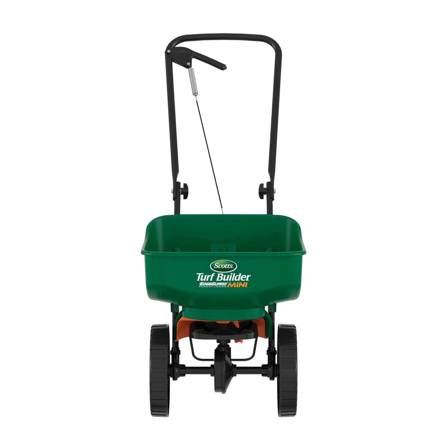 Scotts EdgeGuard Mini spreader with curved hopper optimizes even lawn product coverage.