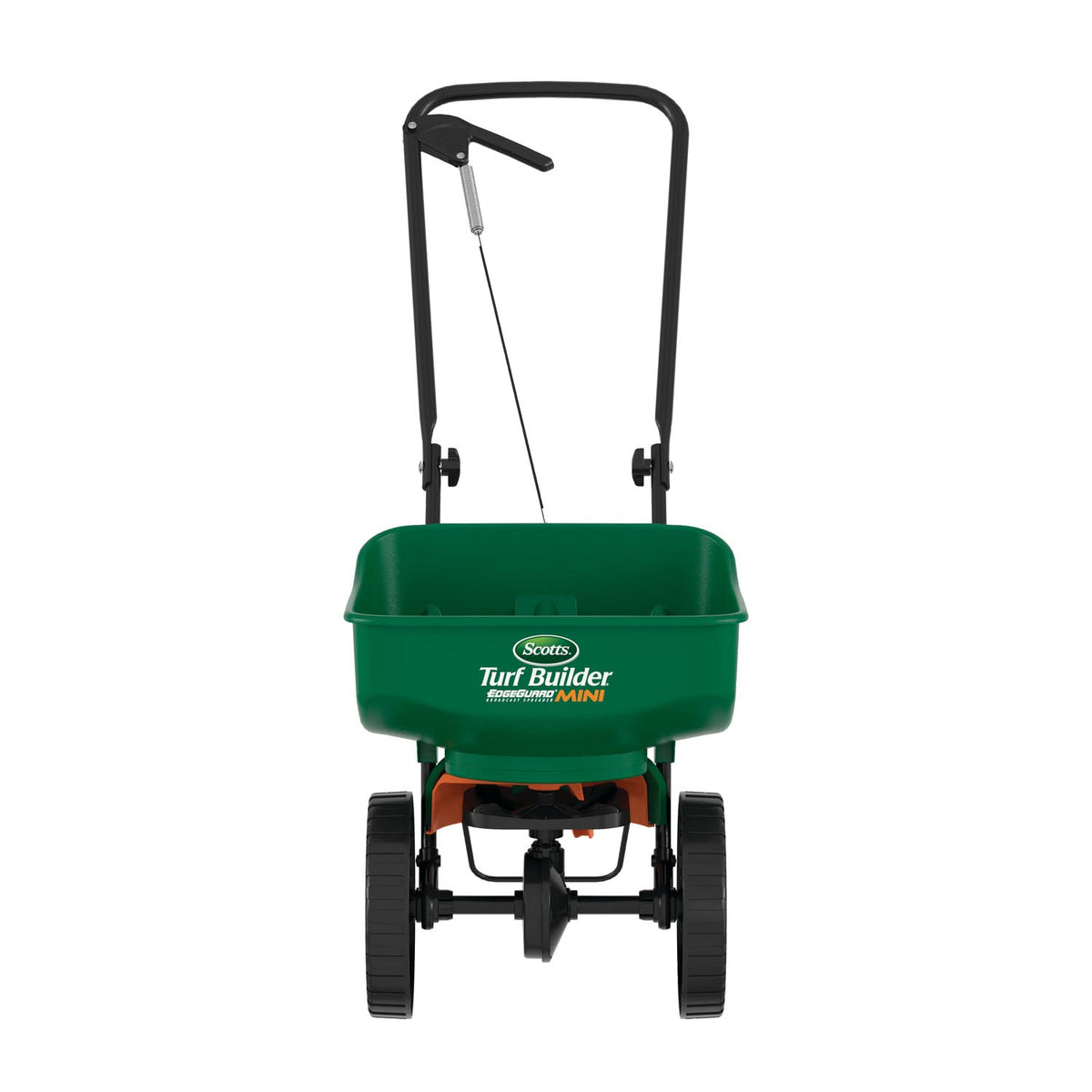 Scotts EdgeGuard Mini spreader with curved hopper optimizes even lawn product coverage.