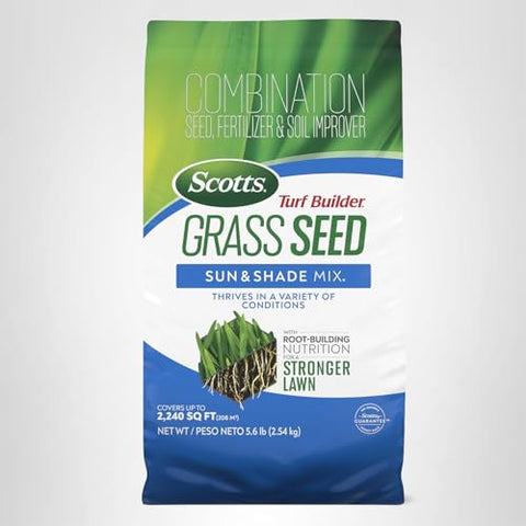 Scotts Turf Builder Grass seed and fertilizer combo boosts lawn vigor.