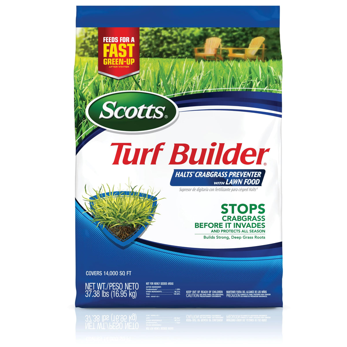 Scotts Turf Builder Halts Crabgrass bag shown for spring lawn protection