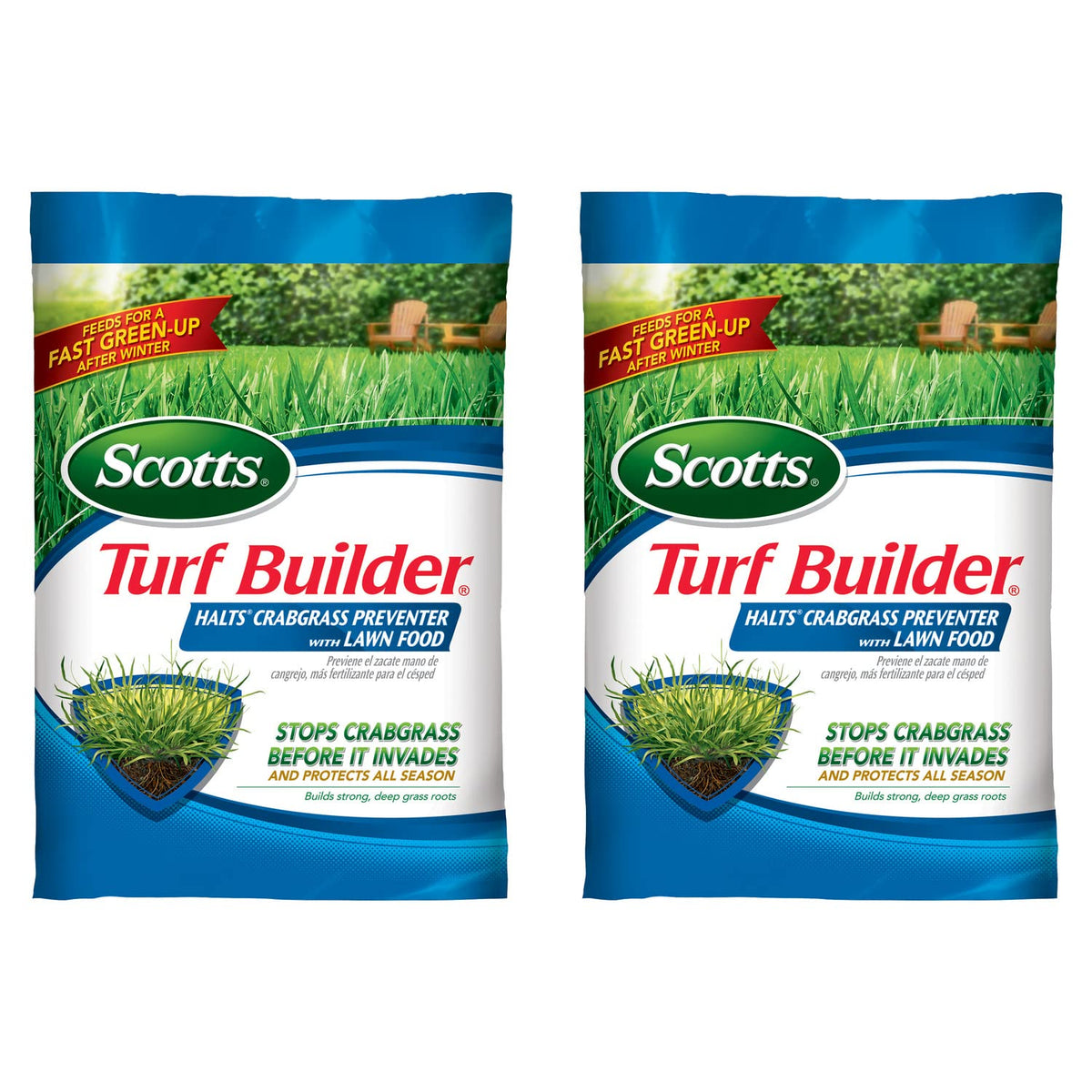 Scotts Turf Builder Halts Crabgrass Preventer bag front for spring lawn protection.