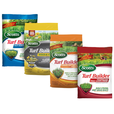 Scotts Turf Builder Halts Crabgrass Preventer with Lawn Food bottle promotes early green-up in lawns.