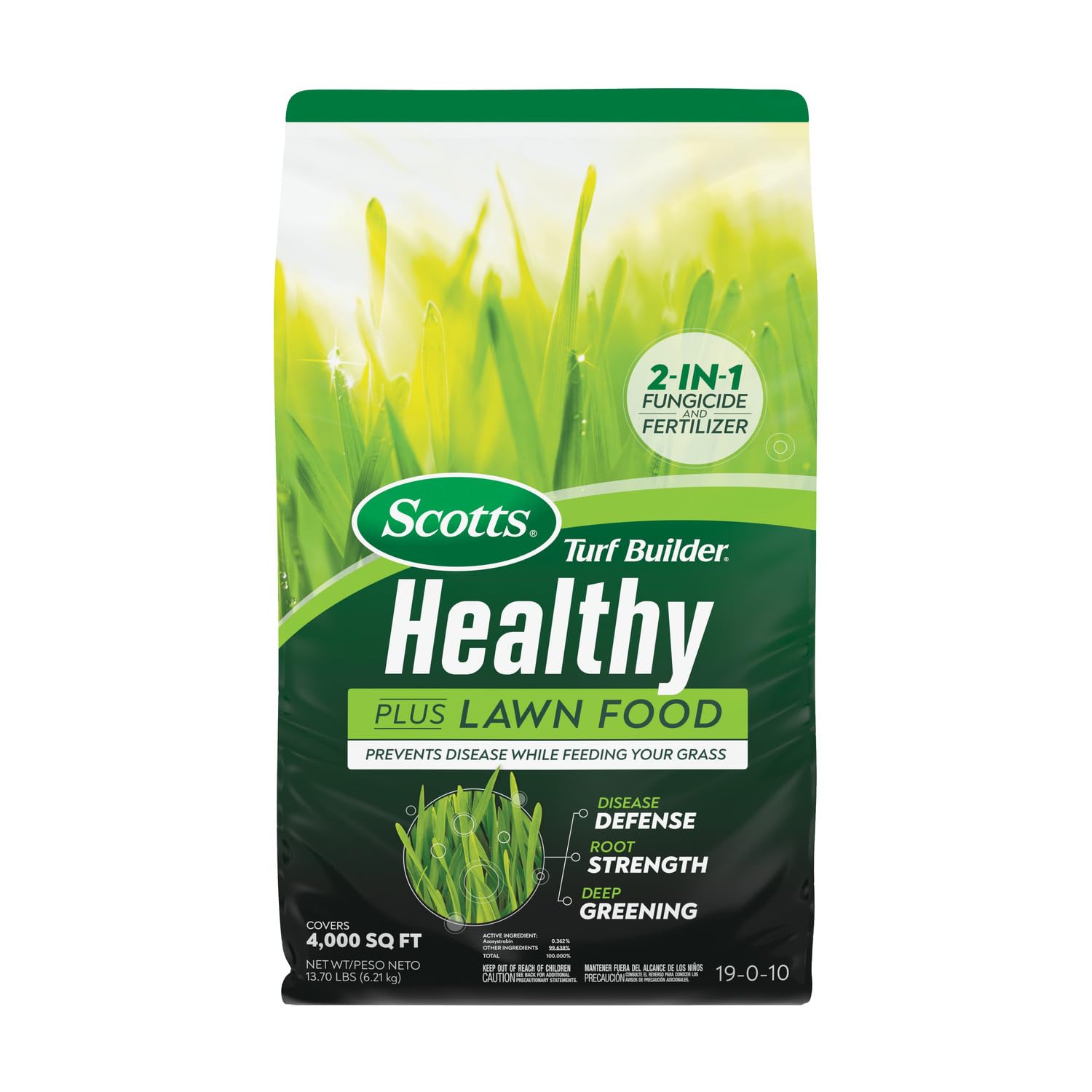 Scotts Turf Builder Healthy Plus lawn food bag ready to nourish and protect a healthy lawn.
