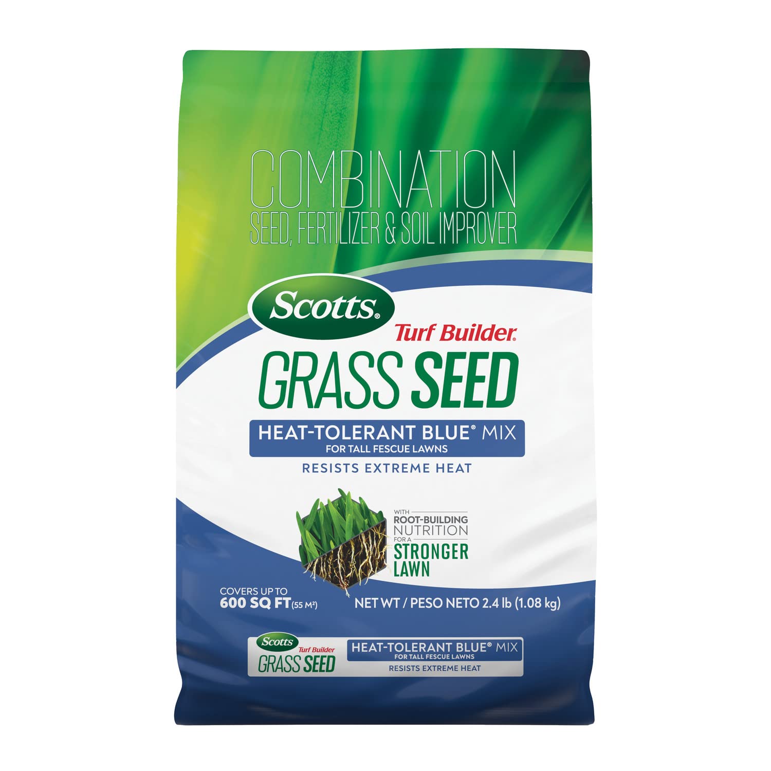 Scotts Turf Builder Heat-Tolerant Blue Mix bag for establishing new turf.