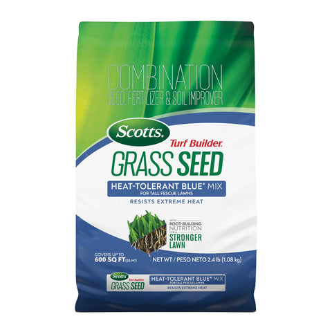 Scotts Turf Builder Heat-Tolerant Blue Mix bag for establishing new turf.