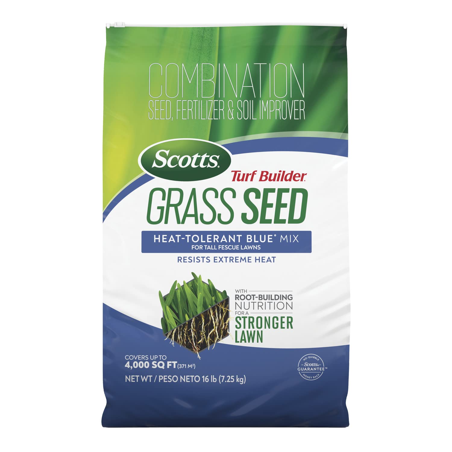 Scotts Turf Builder Heat-Tolerant Blue Mix bag close-up showing seed quality for tall fescue