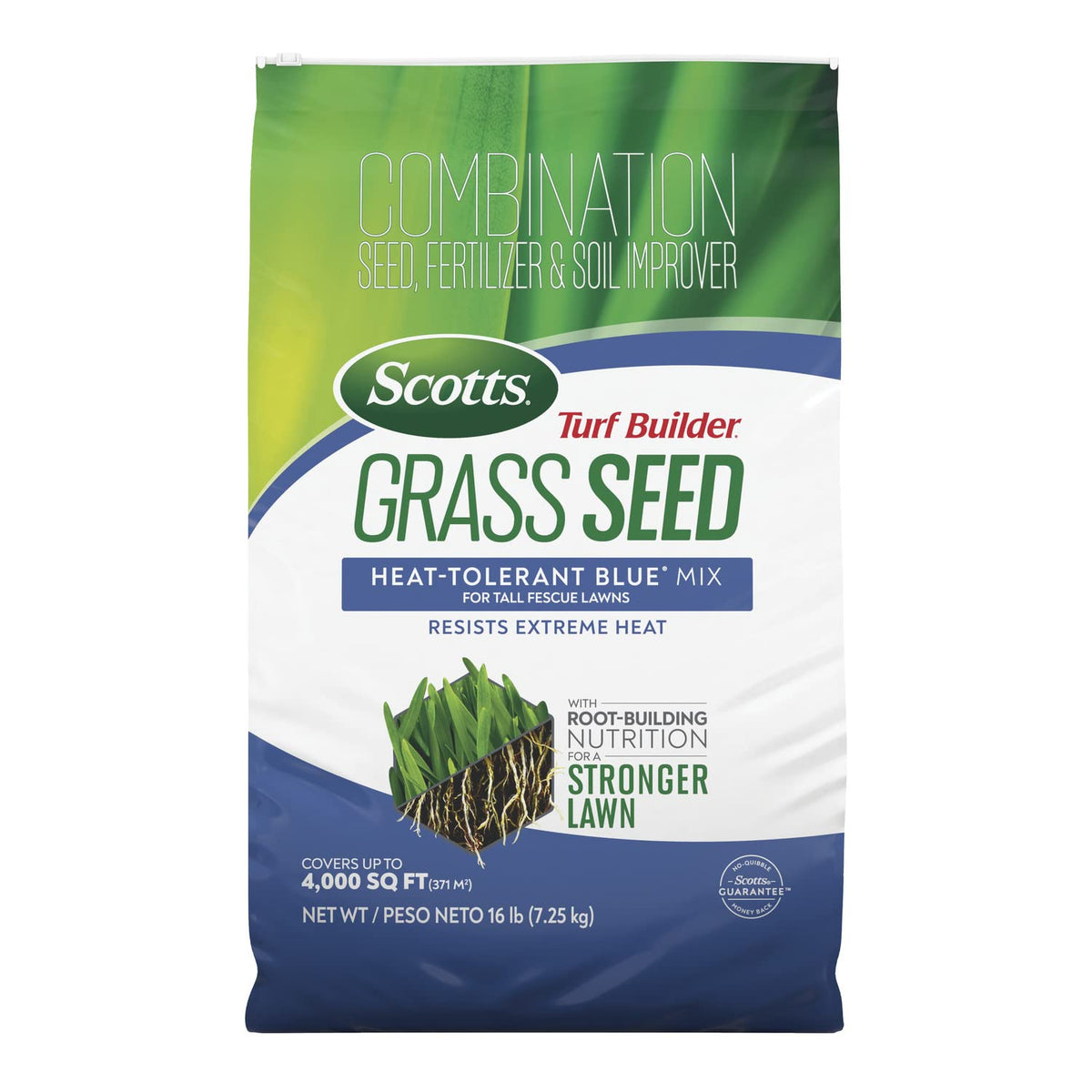 Scotts Turf Builder Heat-Tolerant Blue Mix bag close-up showing seed quality for tall fescue