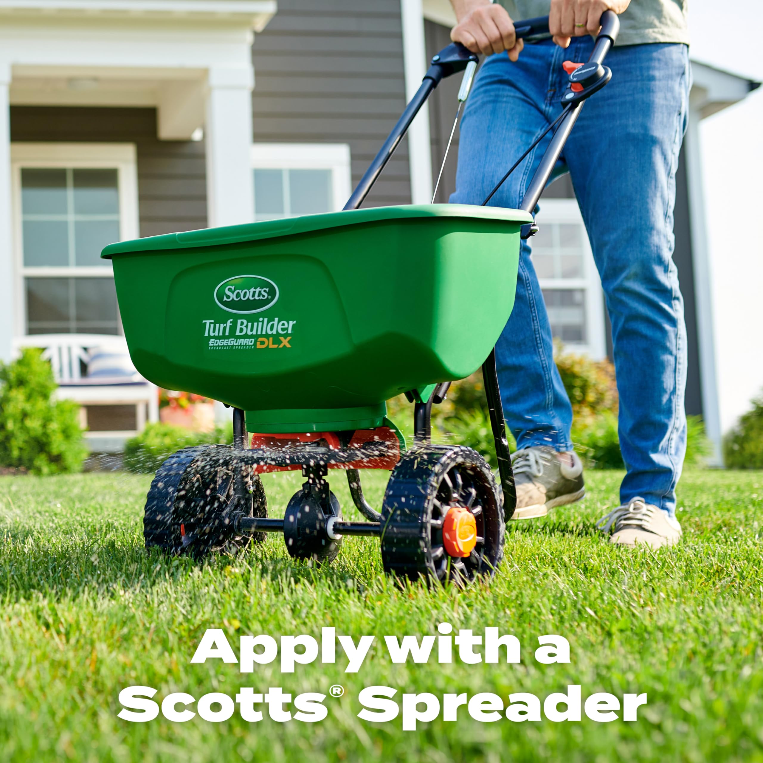 Lawn shown wet or dry application for flexible feeding with Scotts product.