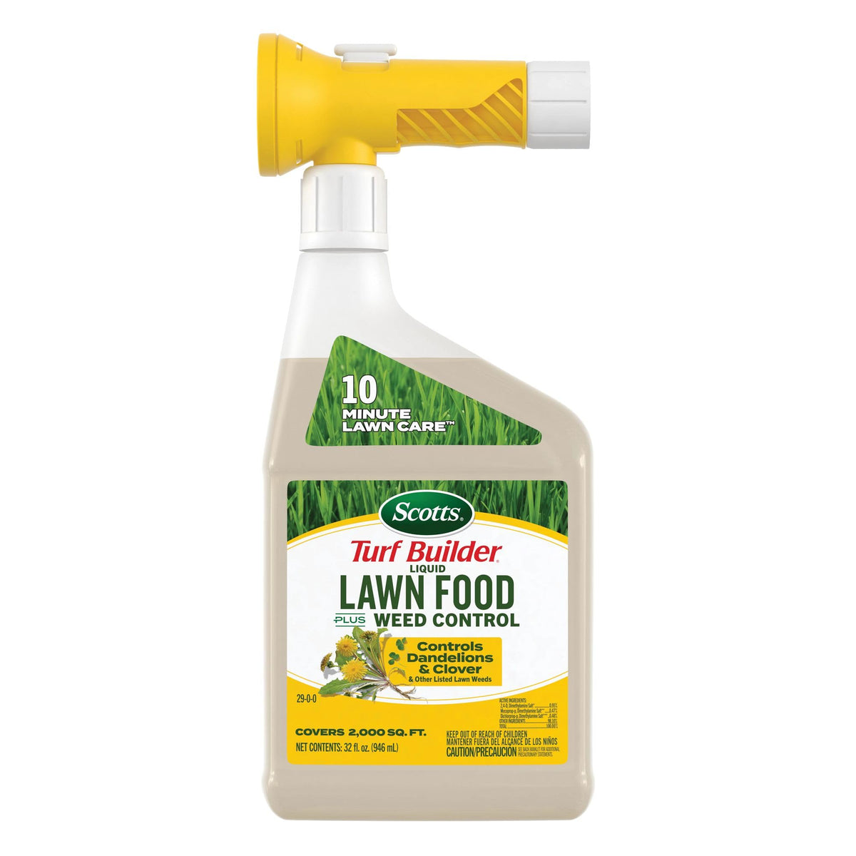 Scotts Turf Builder bottle connected to a hose for fast weed control.