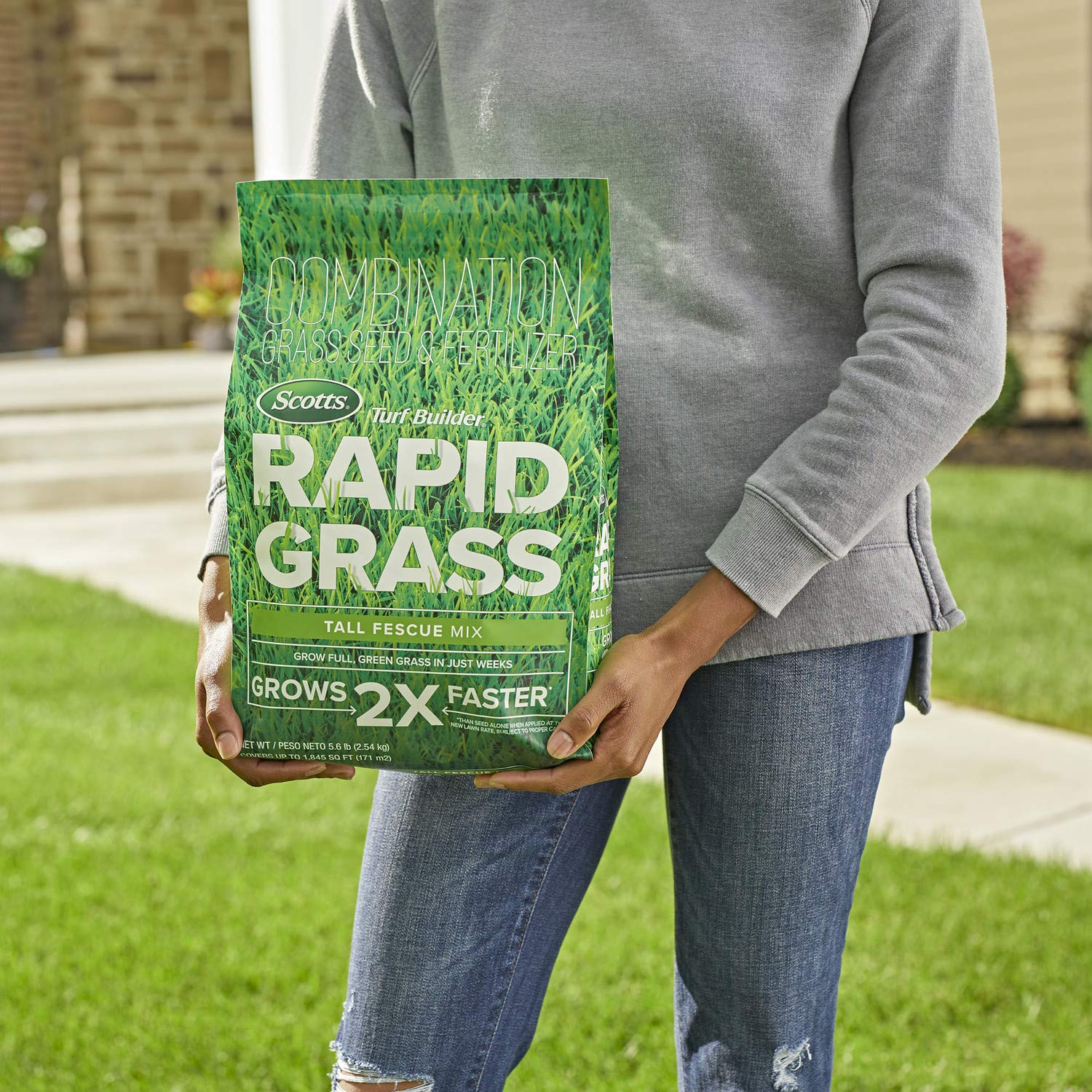 Scotts Turf Builder Rapid Grass overseeding scene shows patch repair in progress.