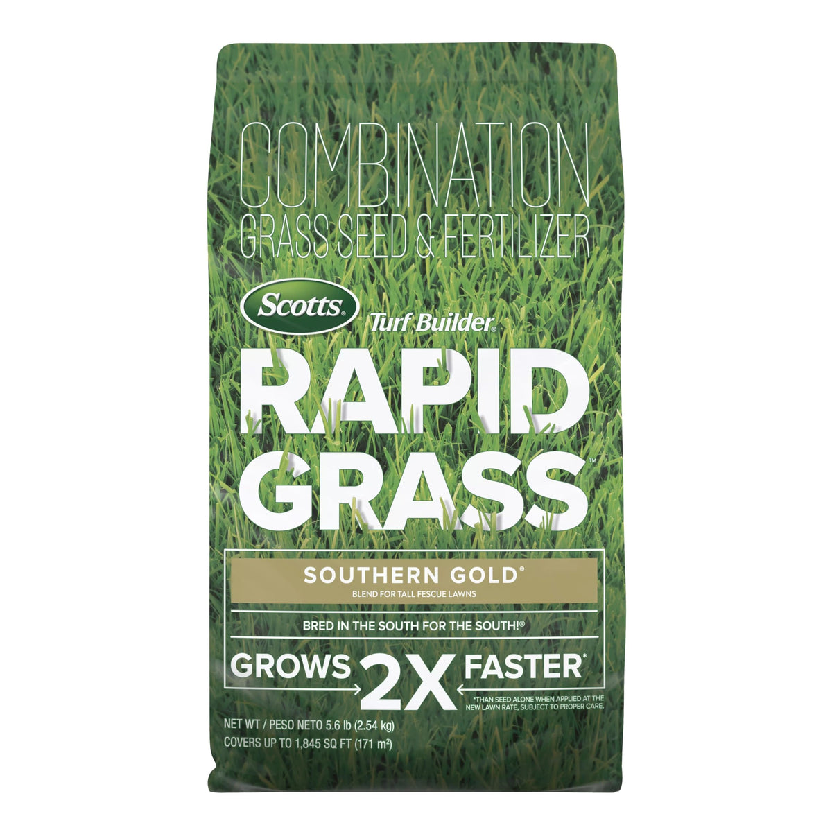 Scotts Turf Builder Rapid Grass Southern Gold Blend bag front showing seed and fertilizer for faster establishment.