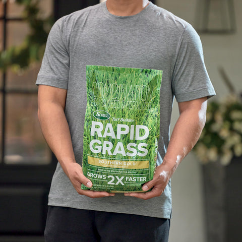 Scotts Turf Builder Rapid Grass label close-up highlighting seed and fertilizer in one mix.