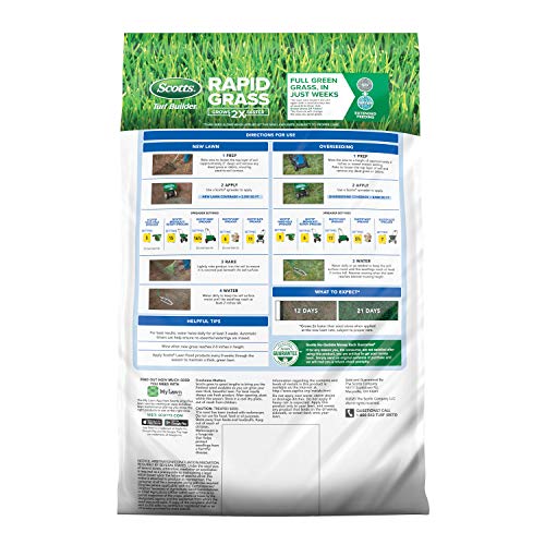 Scotts Turf Builder Rapid Grass Mix shown with a spreader for even application and faster green-up.