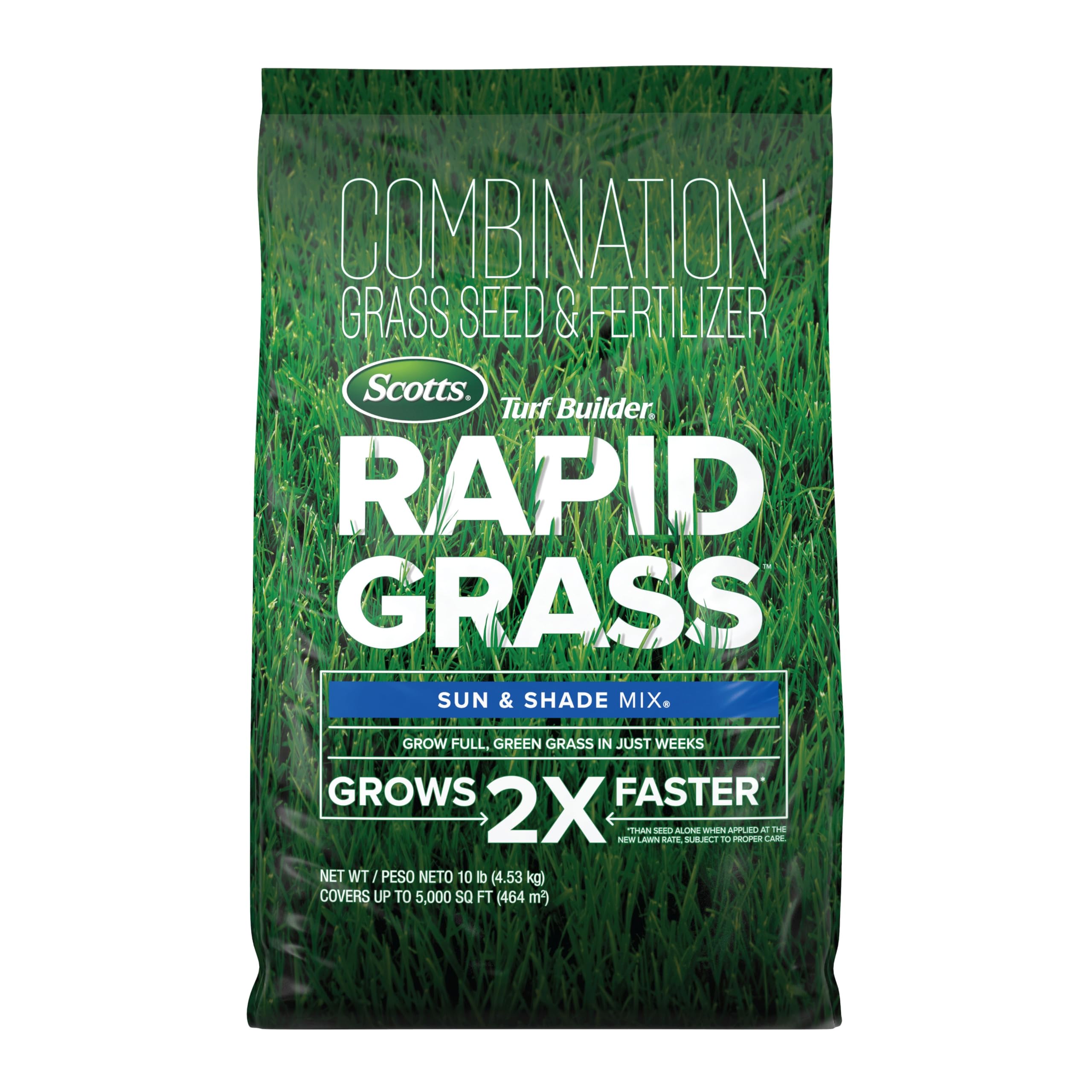 Scotts Turf Builder Rapid Grass Sun and Shade Mix bag ready for quick lawn establishment.