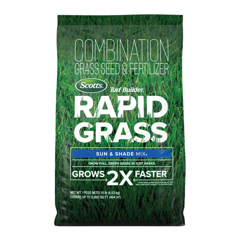 Scotts Turf Builder Rapid Grass Sun and Shade Mix bag ready for quick lawn establishment.