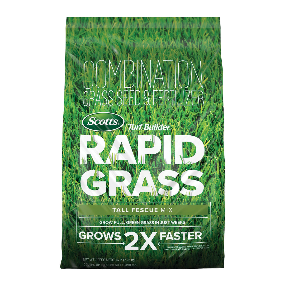 Scotts Turf Builder Rapid Grass Tall Fescue Mix bag boosts fast lawn establishment.