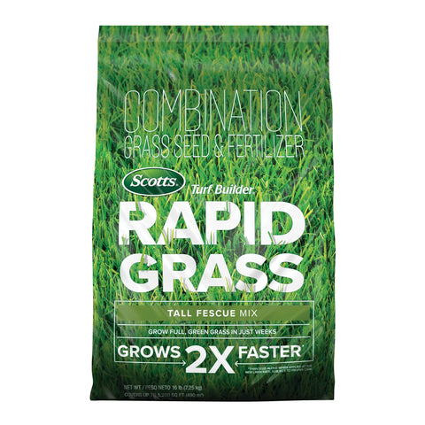 Scotts Turf Builder Rapid Grass Tall Fescue Mix bag boosts fast lawn establishment.