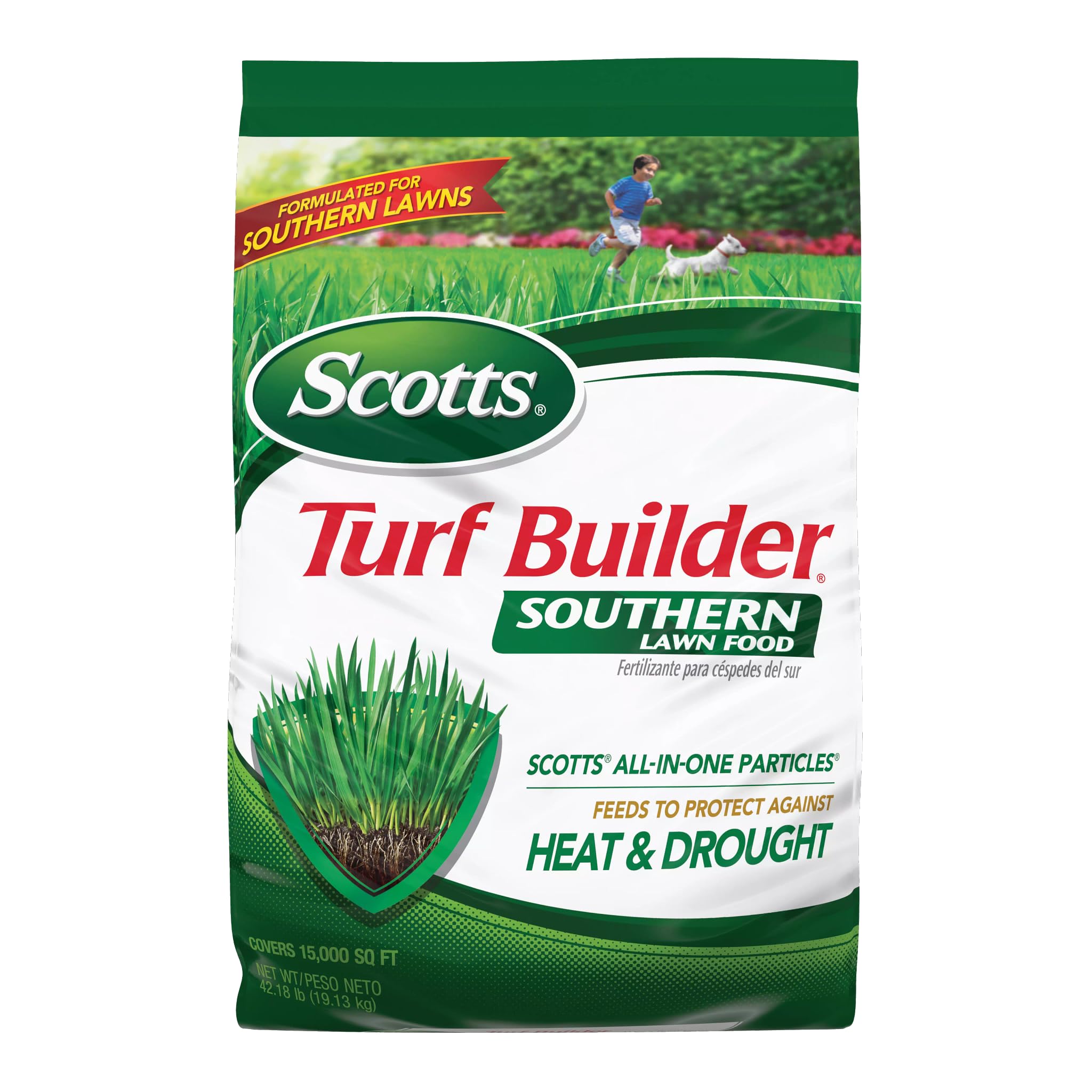 Scotts Turf Builder Southern Lawn Food bag shows nutrient-rich granules for deep roots.
