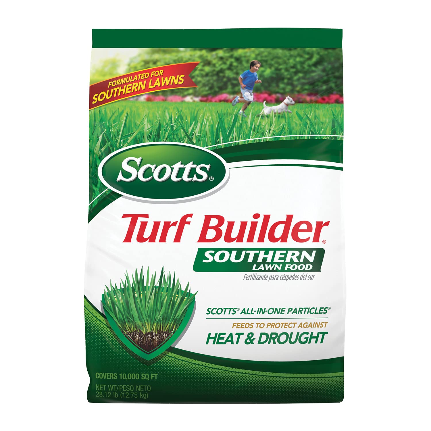 Scotts Turf Builder Southern Lawn Food bottle promoting deeper roots for heat resilience.