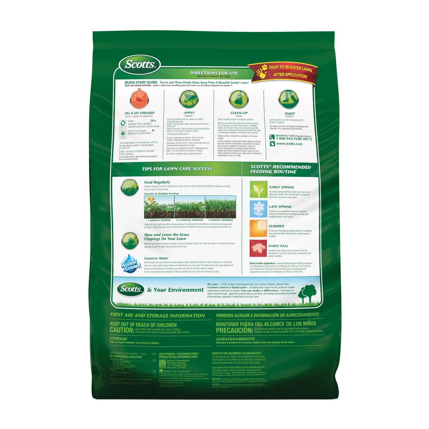 Scotts spreader applying fertilizer on dry lawn for even coverage.