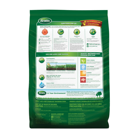 Scotts spreader applying fertilizer on dry lawn for even coverage.
