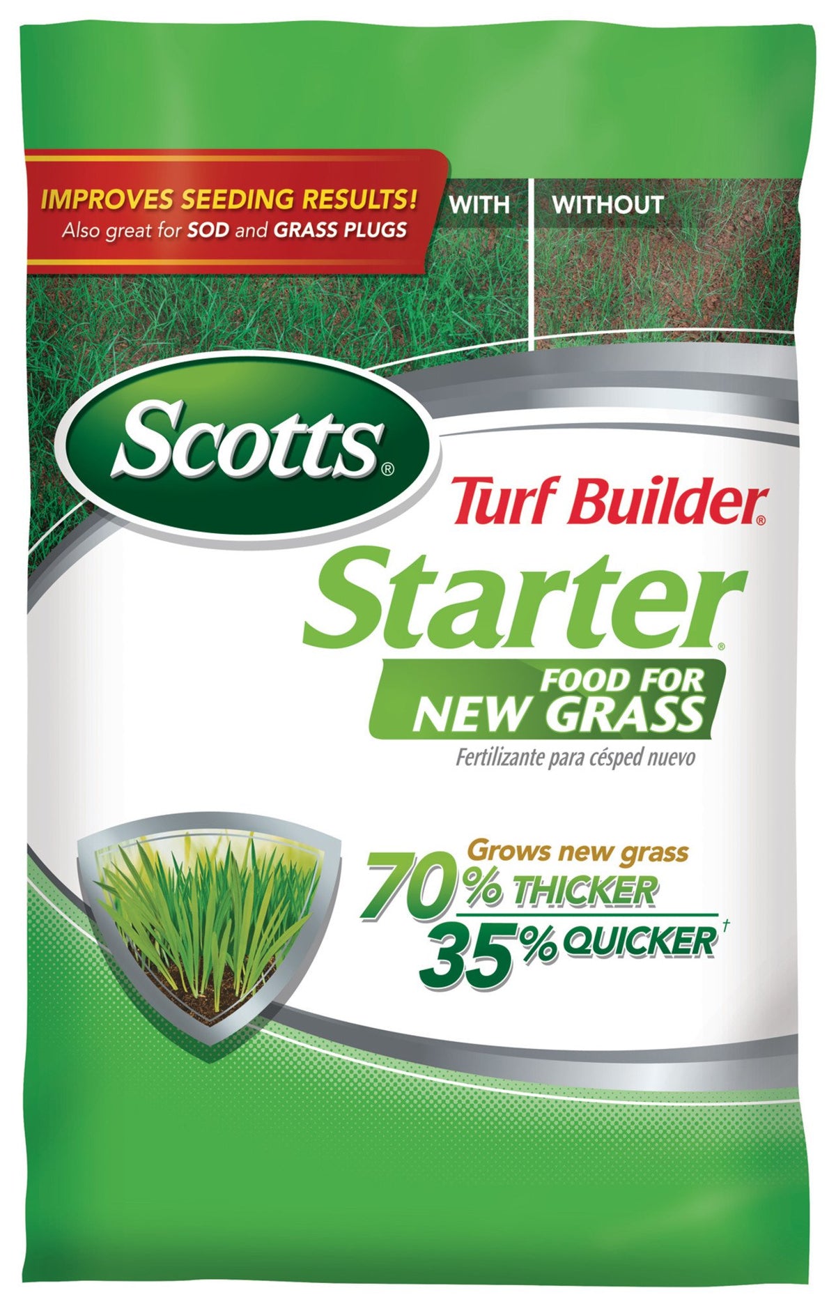 Scotts Turf Builder Starter Fertilizer bag beside a seedling ready for quick growth.