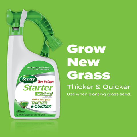 Scotts Turf Builder Ready-Spray shown on newly seeded grass seedlings.