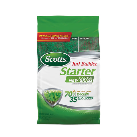 Scotts Turf Builder Starter Food bag-front shows packaging for new grass growth.