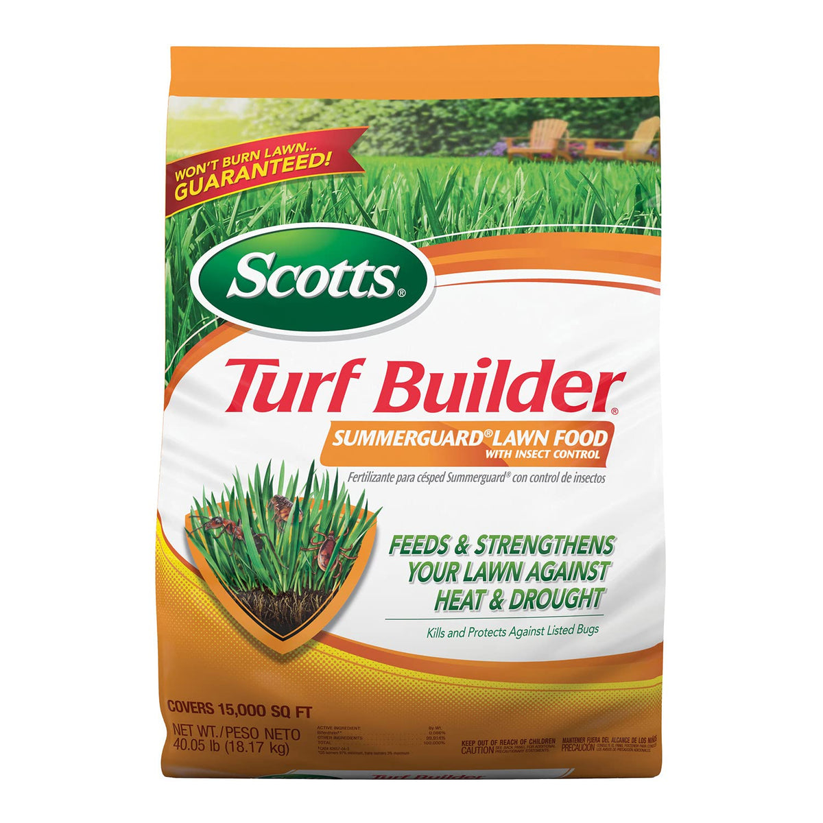 Scotts Turf Builder SummerGuard bug-killer image shows pest protection and lawn nourishment.