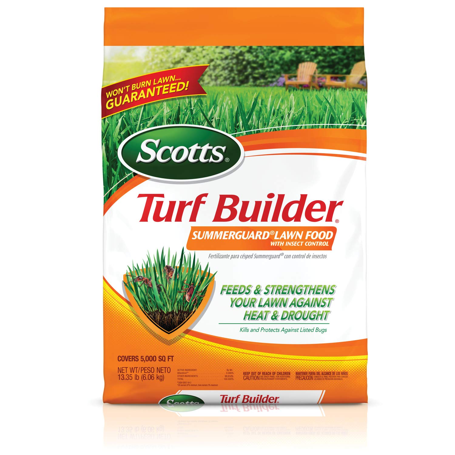 Scotts Turf Builder SummerGuard bag of lawn fertilizer ready for summer application.