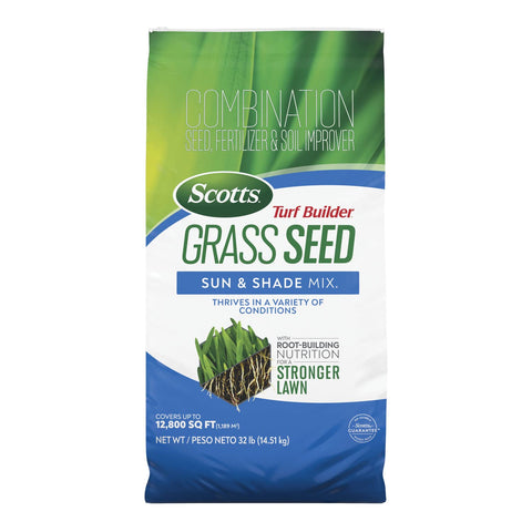 Scotts Turf Builder Sun & Shade Seed Mix promotes even germination in sun and shade