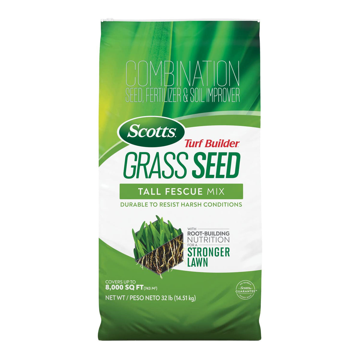 Scotts Turf Builder Tall Fescue seed bag for stronger roots and lush growth.