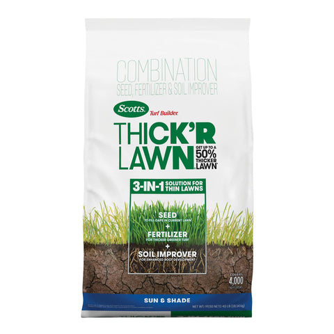 Scotts Turf Builder Thick'R Lawn bag front showing 40 lb coverage.