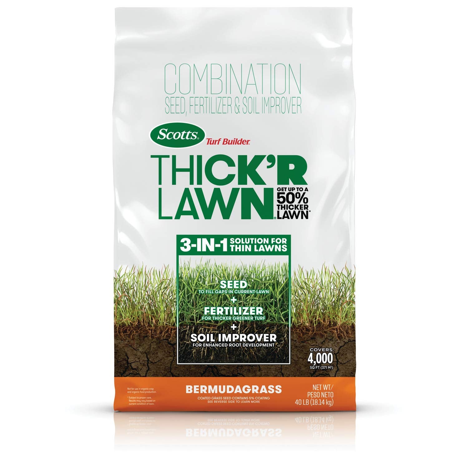 Scotts Turf Builder Thick'R Lawn Bermudagrass bag shows 40 lb, 4,000 sq ft coverage.