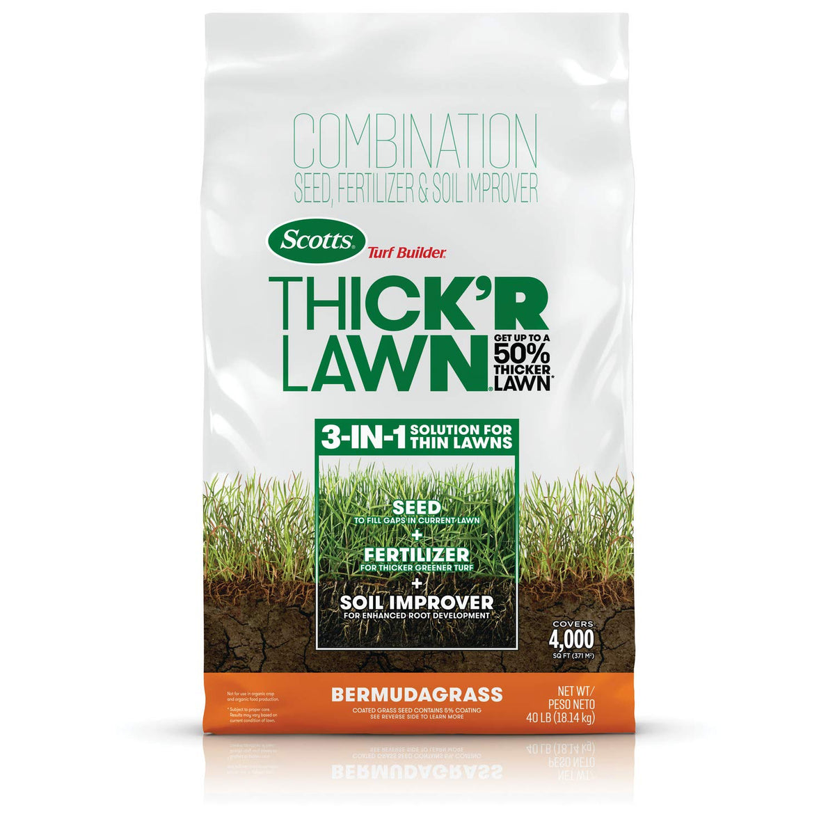 Scotts Turf Builder Thick'R Lawn Bermudagrass bag shows 40 lb, 4,000 sq ft coverage.