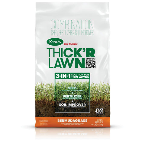Scotts Turf Builder Thick'R Lawn Bermudagrass bag shows 40 lb, 4,000 sq ft coverage.