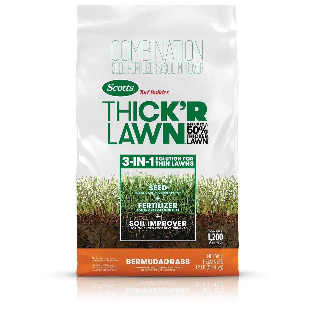 Scotts Turf Builder Thick'R Lawn Bermudagrass seed bag ready to fill thin patches.