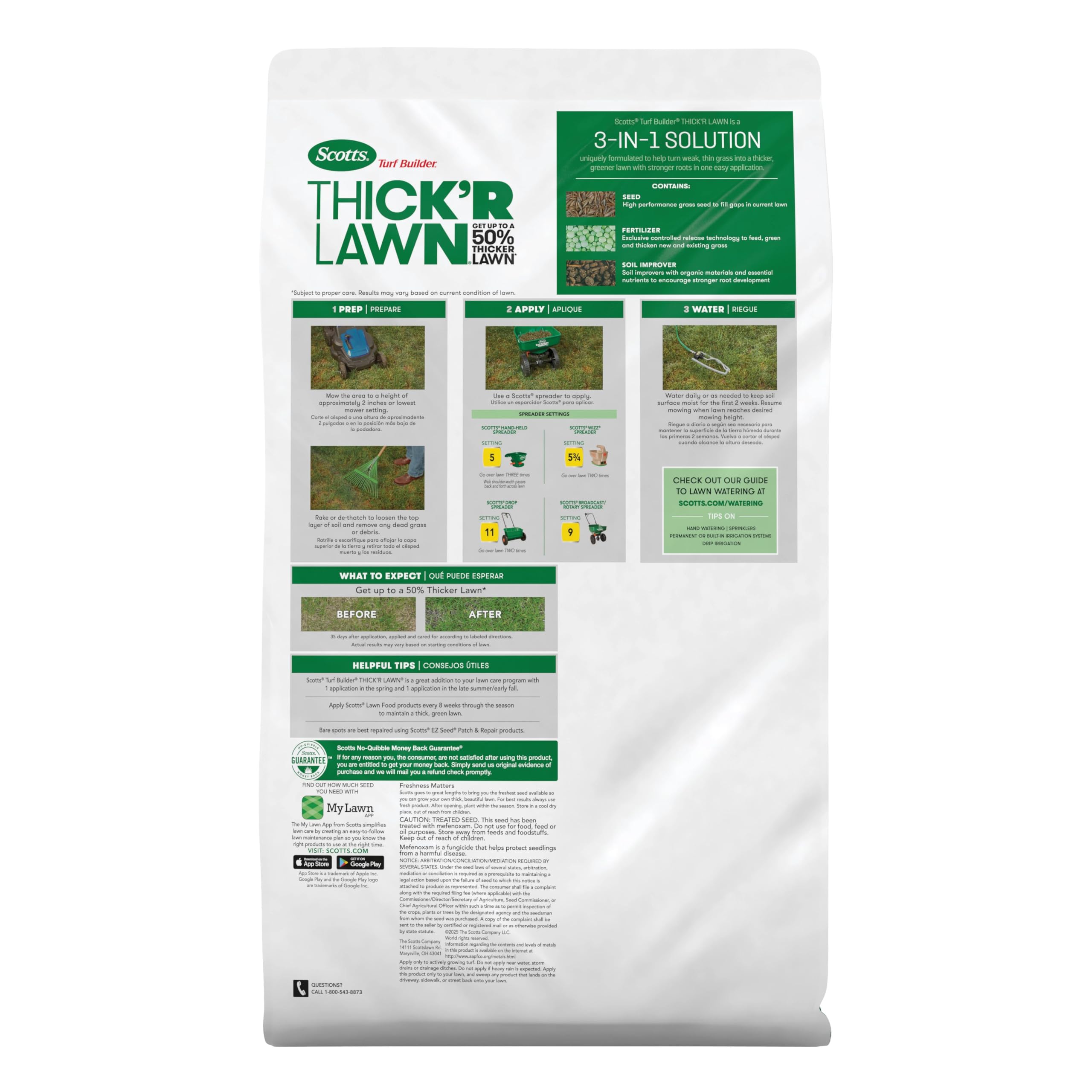 Scotts Thick'R Lawn spreader applying product evenly to thin turf.