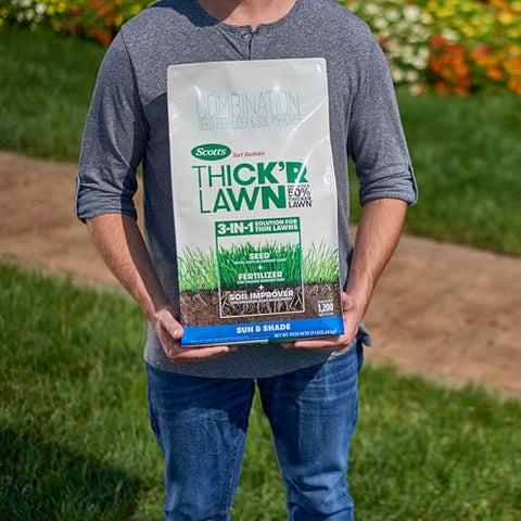 Scotts seed and fertilizer combo encourages a healthier lawn.
