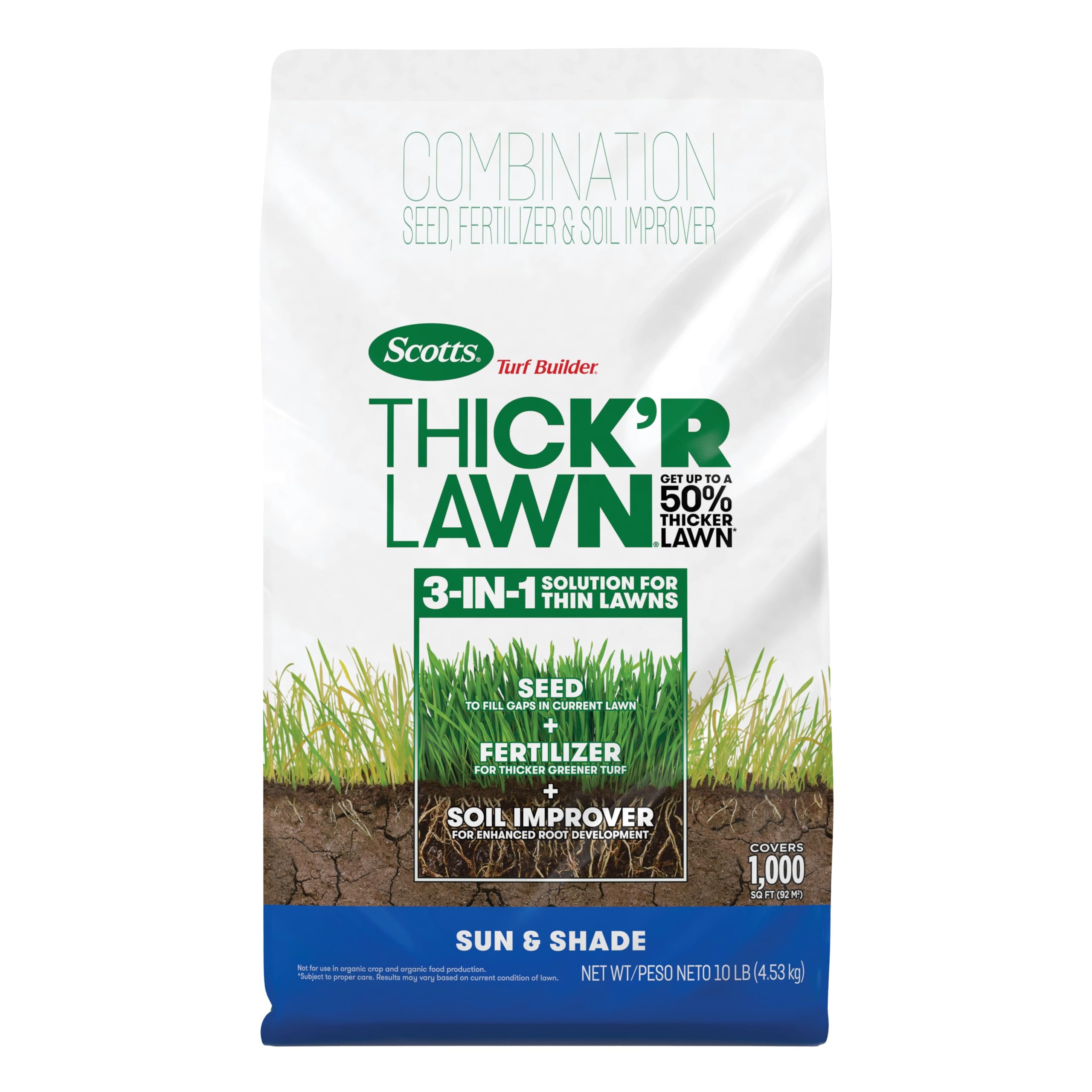 Scotts Thick'R Lawn Sun & Shade packaging for easy at-home application.
