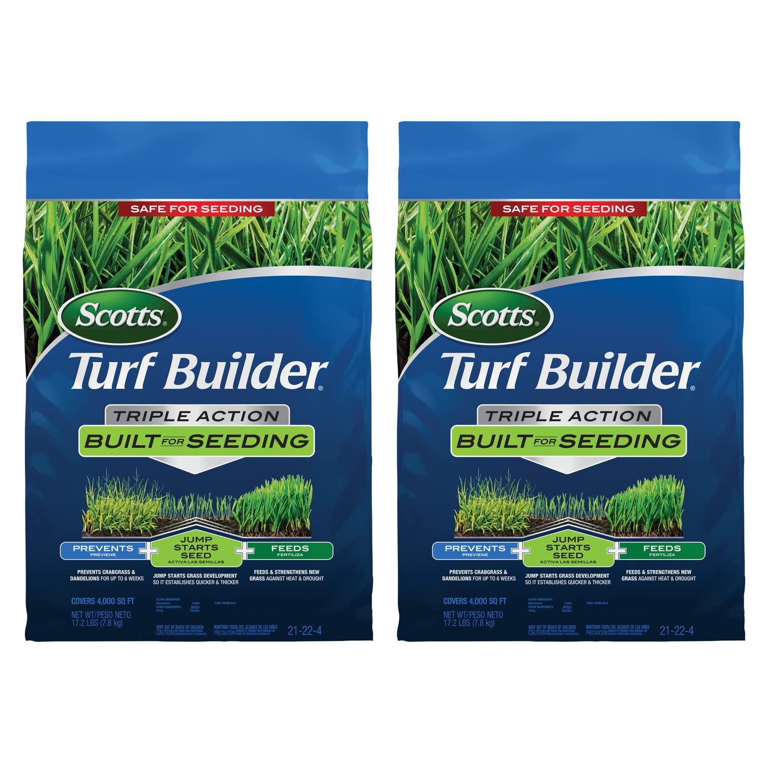 Scotts Turf Builder Triple Action bundle showing two 4,000 sq ft bags for seeding