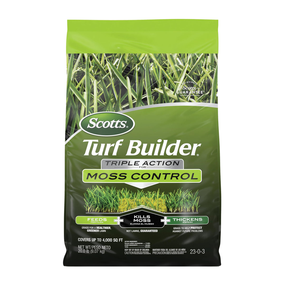 Scotts Turf Builder Triple Action moss control bag ready for moss treatment on lawns.