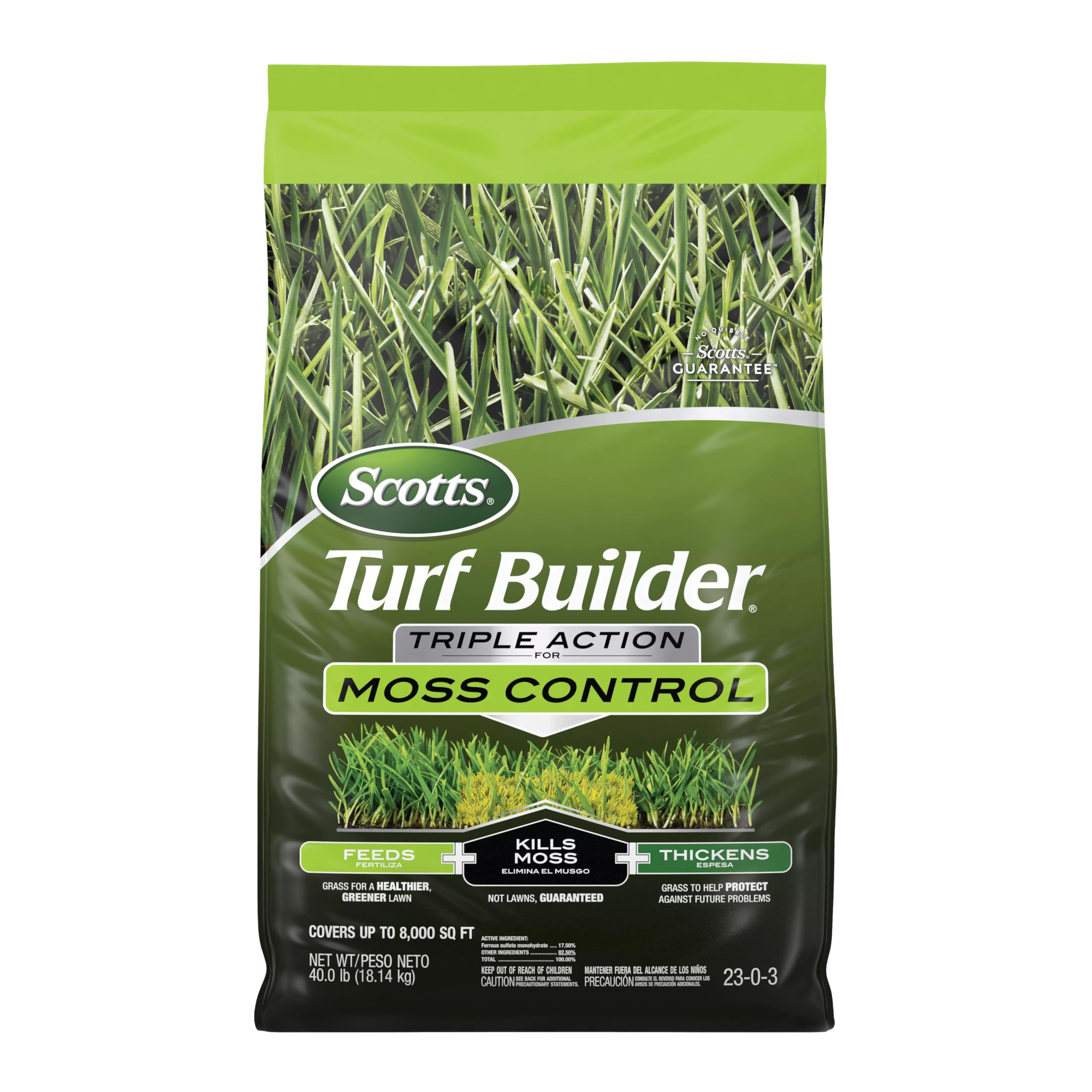 Scotts Turf Builder Triple Action moss control bottle ready for lawn treatment