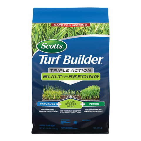 Scotts Turf Builder Triple Action Seeding bag close-up highlighting weed prevention and starter fertilizer for new lawns.