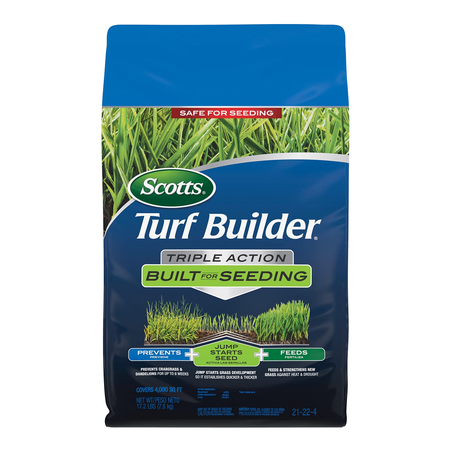 Scotts Turf Builder Triple Action seeding promotes thick, healthy new grass.