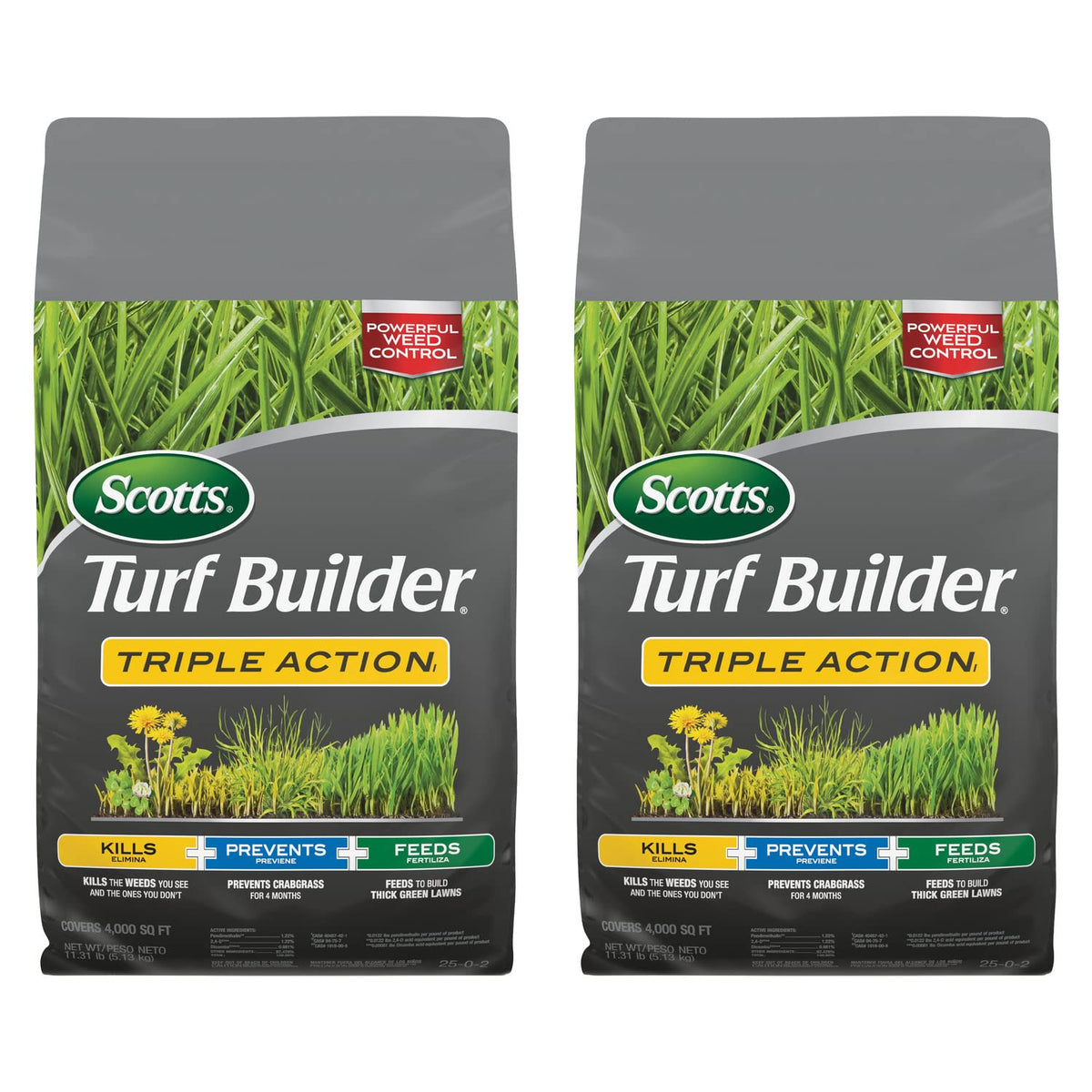 Scotts Turf Builder Triple Action1 bag label highlighting 3-in-1 weed control and lawn feeding