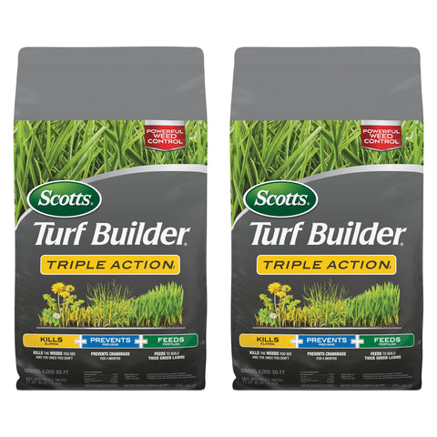 Scotts Turf Builder Triple Action1 bag label highlighting 3-in-1 weed control and lawn feeding