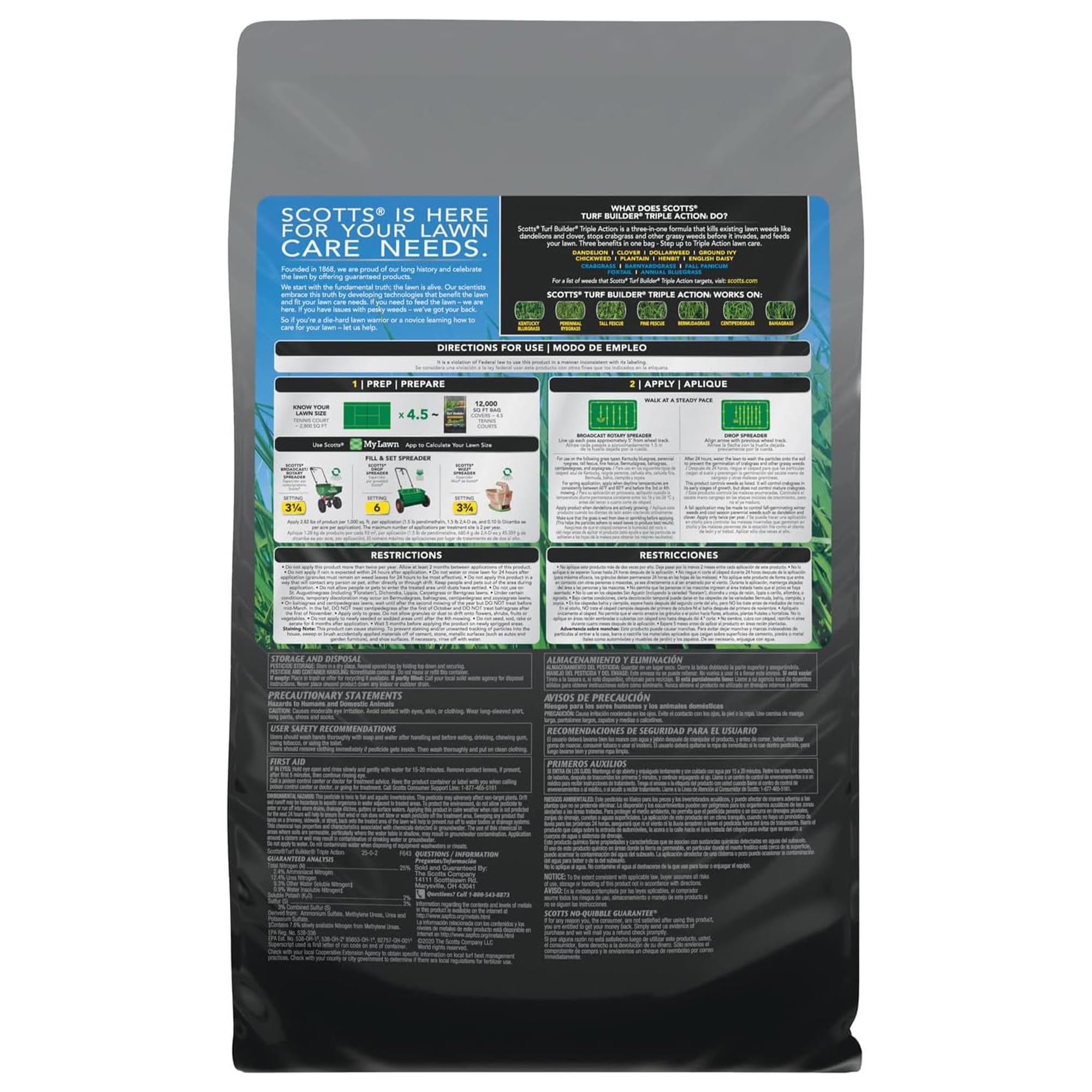Scotts Turf Builder Triple Action1 weed killer targets dandelions and clover in lawns.