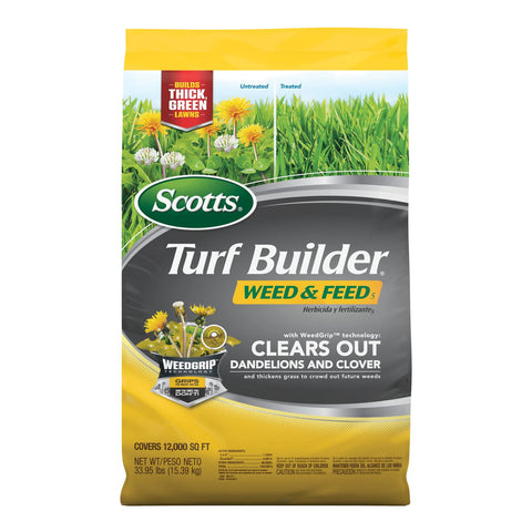 Scotts Turf Builder Weed & Feed5 bag showing 12,000 sq ft coverage for weed control.