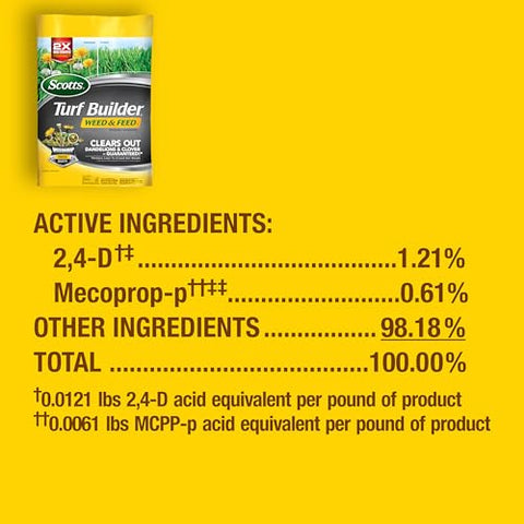 Scotts Turf Builder Weed & Feed3 bag label highlights weed control and feeding.